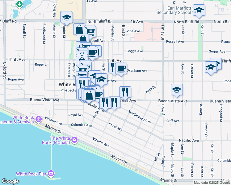map of restaurants, bars, coffee shops, grocery stores, and more near in White Rock
