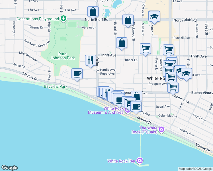map of restaurants, bars, coffee shops, grocery stores, and more near 14848 Prospect Avenue in White Rock