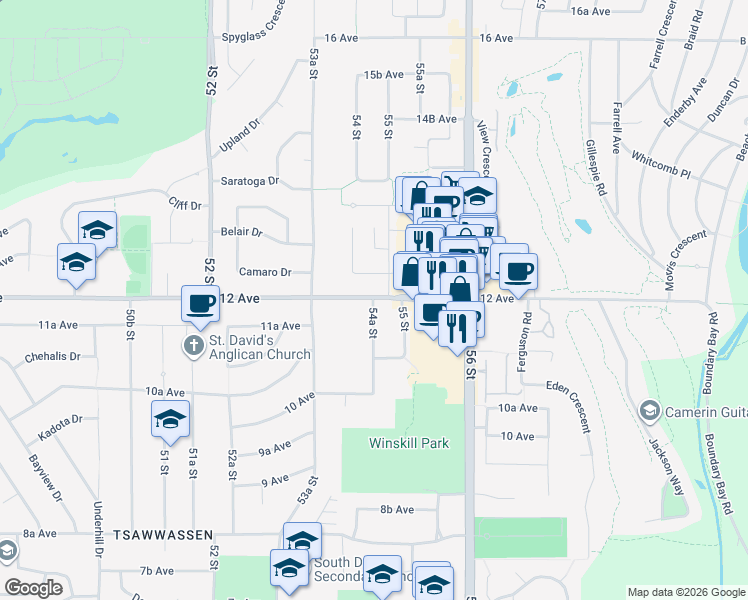 map of restaurants, bars, coffee shops, grocery stores, and more near 5454 12 Avenue in Delta