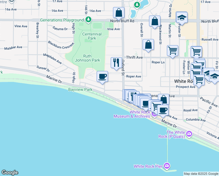 map of restaurants, bars, coffee shops, grocery stores, and more near 14729 Gordon Avenue in White Rock
