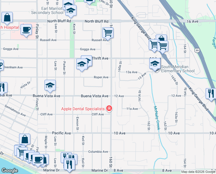 map of restaurants, bars, coffee shops, grocery stores, and more near in White Rock