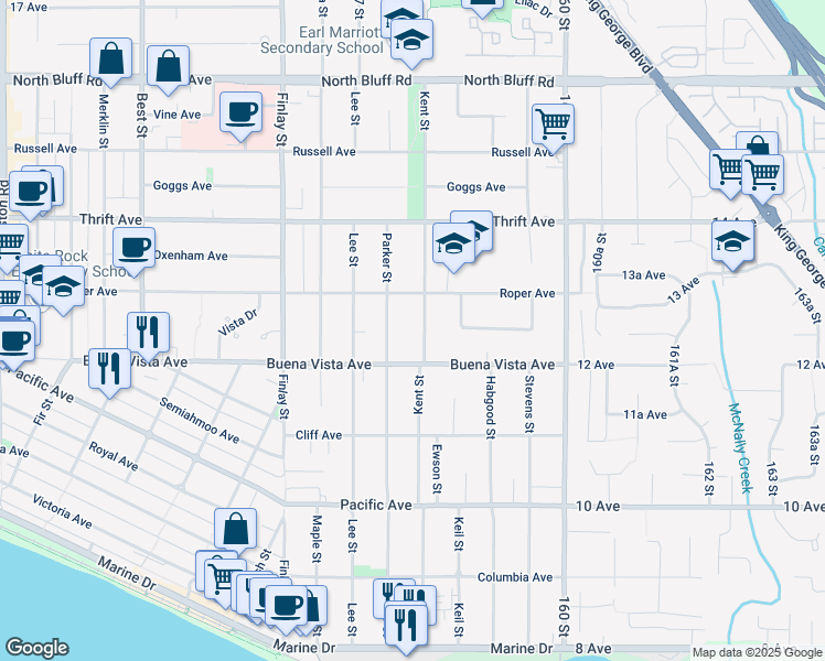 map of restaurants, bars, coffee shops, grocery stores, and more near 1245 Kent Street in White Rock