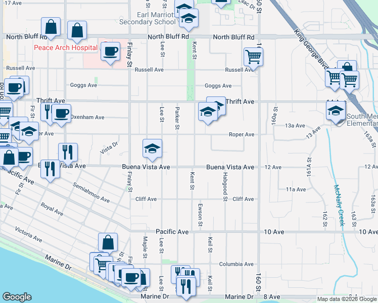 map of restaurants, bars, coffee shops, grocery stores, and more near 1245 Kent Street in White Rock