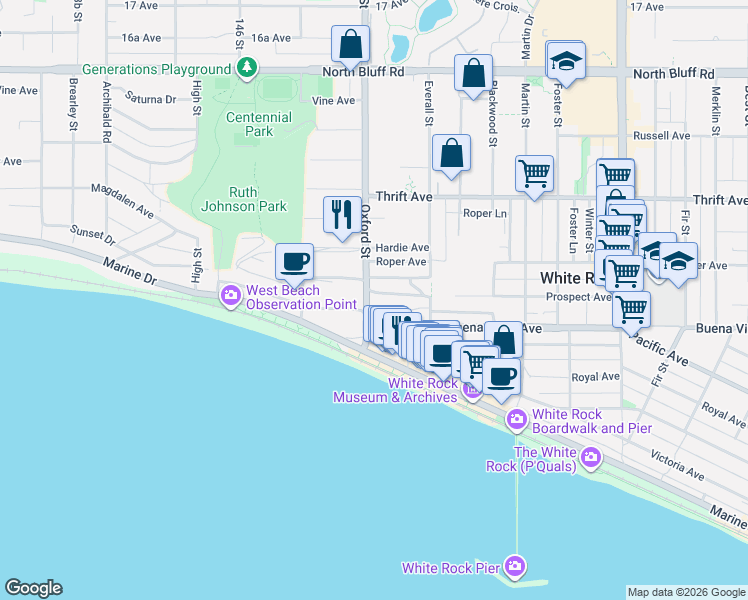 map of restaurants, bars, coffee shops, grocery stores, and more near 14810 Prospect Avenue in White Rock