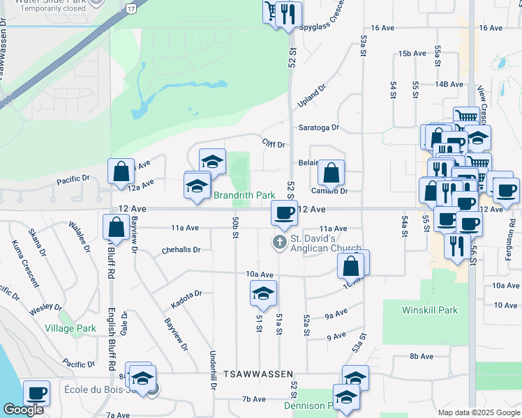 map of restaurants, bars, coffee shops, grocery stores, and more near Stellers Jay Place in Delta