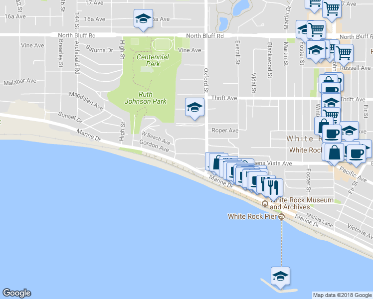 map of restaurants, bars, coffee shops, grocery stores, and more near 14737 Gordon Avenue in White Rock