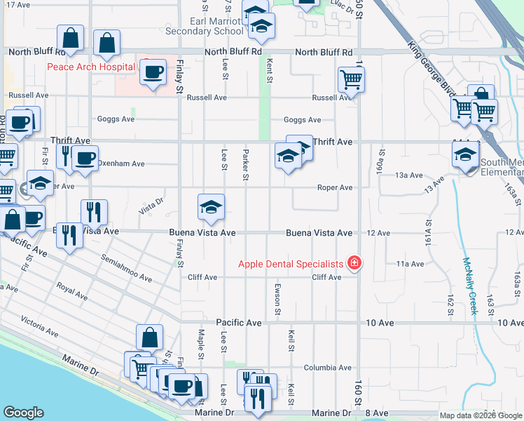 map of restaurants, bars, coffee shops, grocery stores, and more near in White Rock