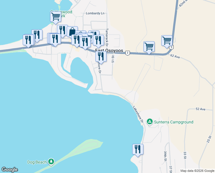 map of restaurants, bars, coffee shops, grocery stores, and more near 5231 Lakeshore Drive in Osoyoos