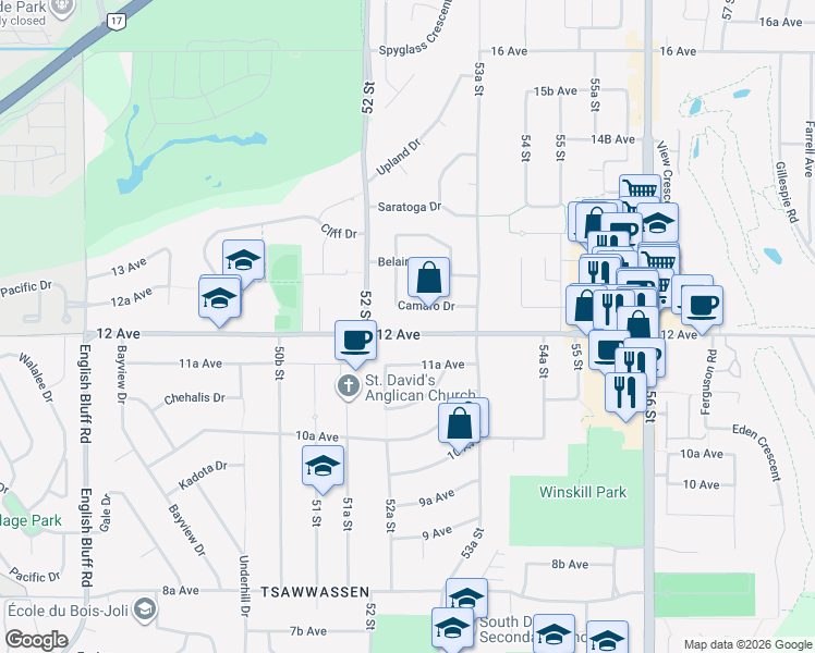 map of restaurants, bars, coffee shops, grocery stores, and more near 5264 12 Avenue in Delta