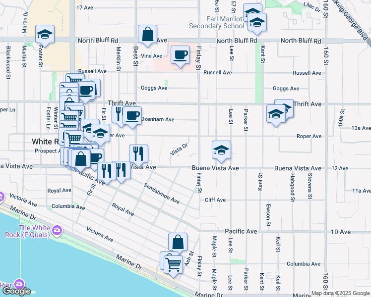 map of restaurants, bars, coffee shops, grocery stores, and more near 15552 Vista Drive in White Rock