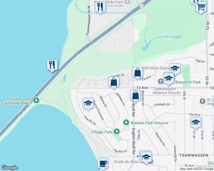 map of restaurants, bars, coffee shops, grocery stores, and more near 4717 Stahaken Court in Metro Vancouver