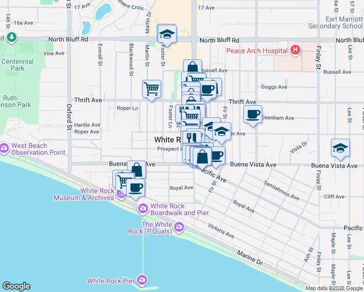 map of restaurants, bars, coffee shops, grocery stores, and more near 15161 Prospect Avenue in White Rock