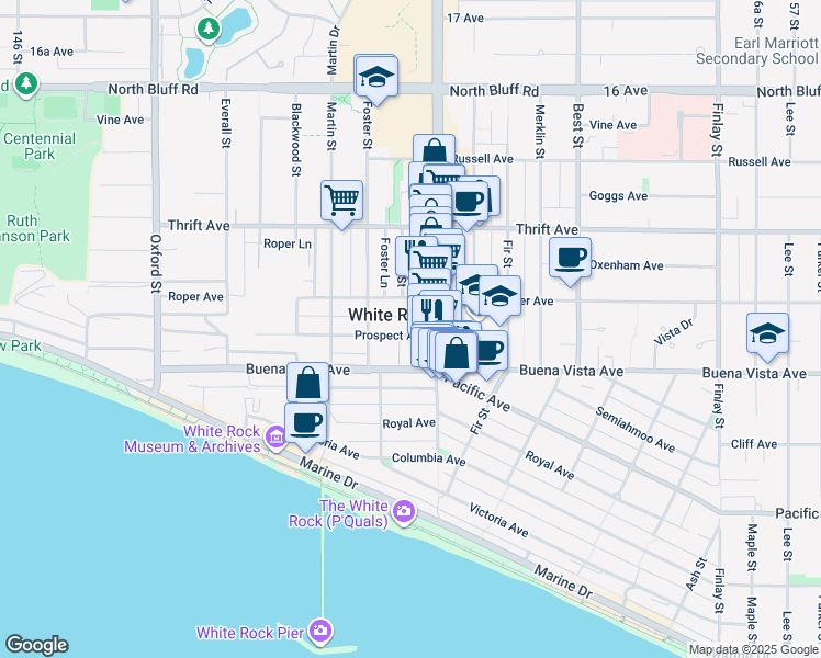 map of restaurants, bars, coffee shops, grocery stores, and more near 15161 Prospect Avenue in White Rock