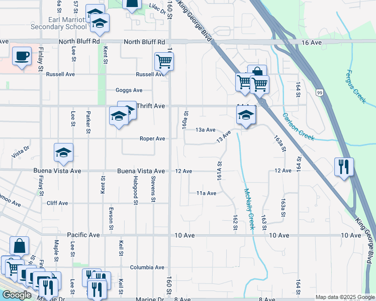 map of restaurants, bars, coffee shops, grocery stores, and more near 1266 160A Street in Surrey