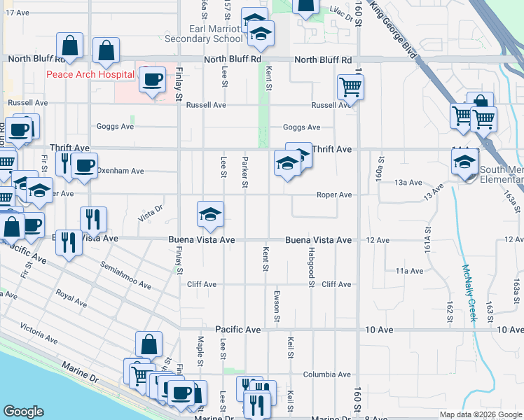 map of restaurants, bars, coffee shops, grocery stores, and more near in White Rock
