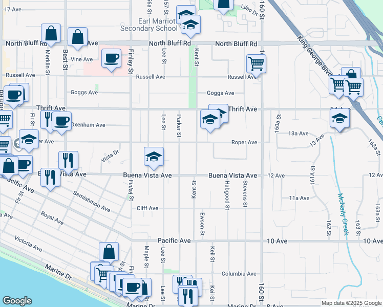 map of restaurants, bars, coffee shops, grocery stores, and more near 1265 Kent Street in White Rock