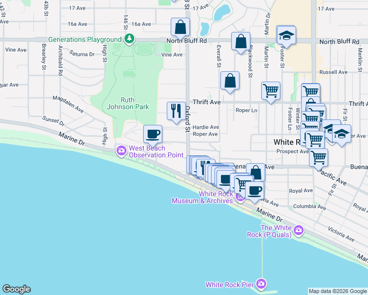 map of restaurants, bars, coffee shops, grocery stores, and more near 14786 McDonald Avenue in White Rock