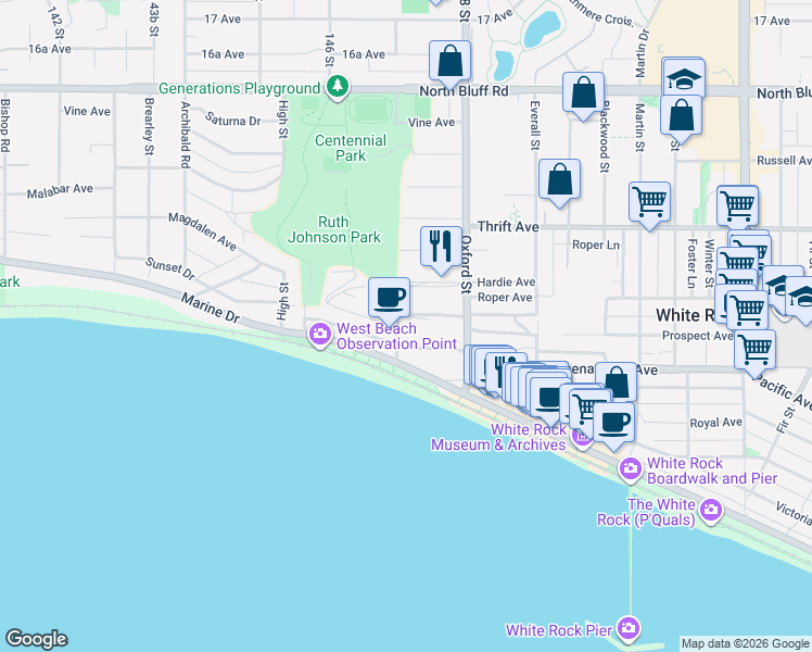 map of restaurants, bars, coffee shops, grocery stores, and more near 14712 McDonald Avenue in White Rock
