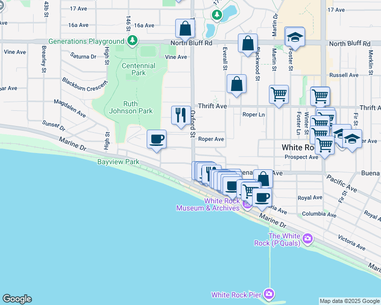 map of restaurants, bars, coffee shops, grocery stores, and more near 1235 Oxford Street in White Rock