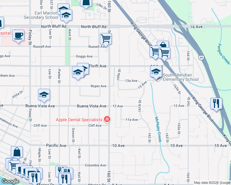 map of restaurants, bars, coffee shops, grocery stores, and more near 1267 160A Street in Surrey
