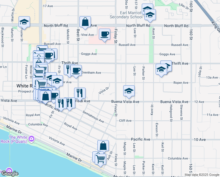 map of restaurants, bars, coffee shops, grocery stores, and more near 15560 Vista Drive in White Rock