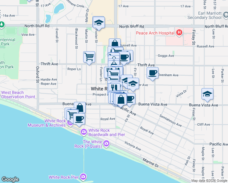 map of restaurants, bars, coffee shops, grocery stores, and more near 1257 Johnston Road in White Rock