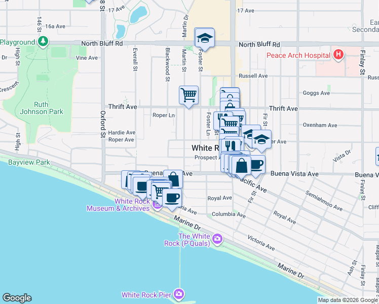 map of restaurants, bars, coffee shops, grocery stores, and more near 1250 Martin Street in White Rock