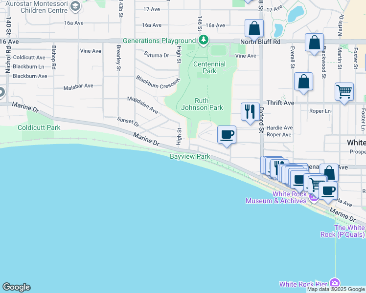 map of restaurants, bars, coffee shops, grocery stores, and more near 14555 Marine Drive in White Rock