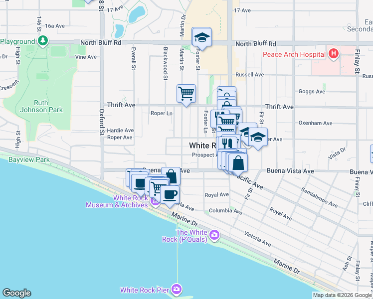 map of restaurants, bars, coffee shops, grocery stores, and more near 1250 Martin Street in White Rock