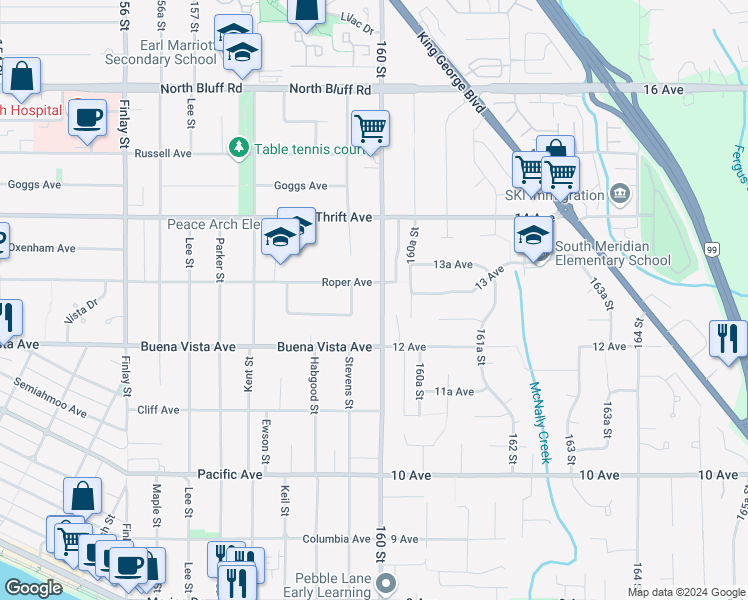 map of restaurants, bars, coffee shops, grocery stores, and more near 1265 Stayte Road in White Rock