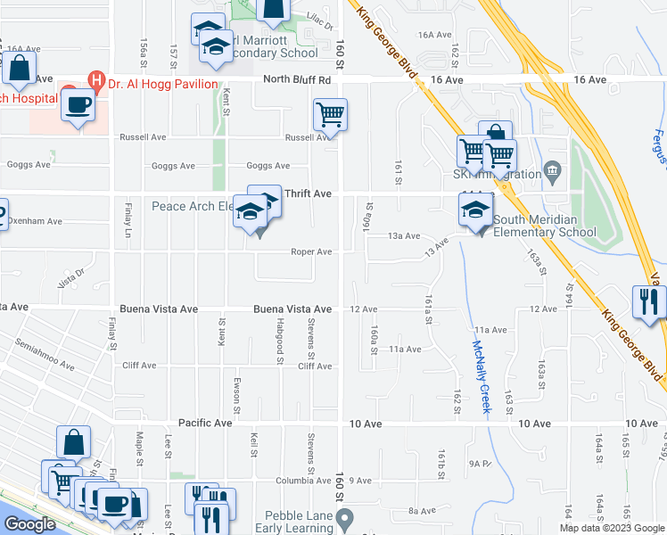 map of restaurants, bars, coffee shops, grocery stores, and more near 1265 Stayte Road in White Rock