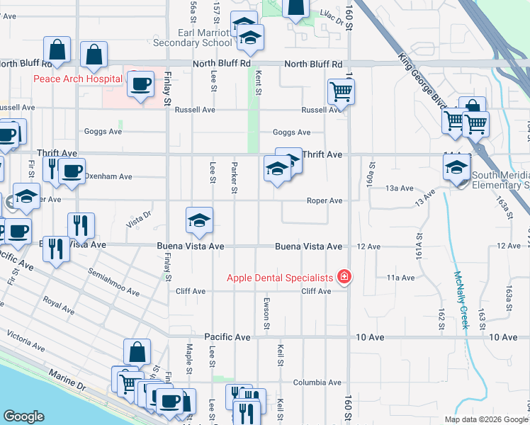map of restaurants, bars, coffee shops, grocery stores, and more near 1276 Kent Street in White Rock