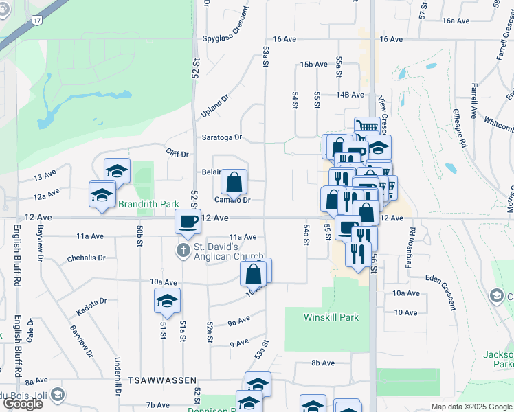 map of restaurants, bars, coffee shops, grocery stores, and more near 5340 Camaro Drive in Delta