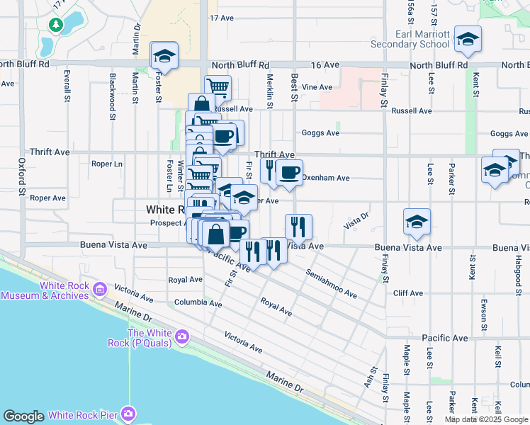 map of restaurants, bars, coffee shops, grocery stores, and more near in White Rock