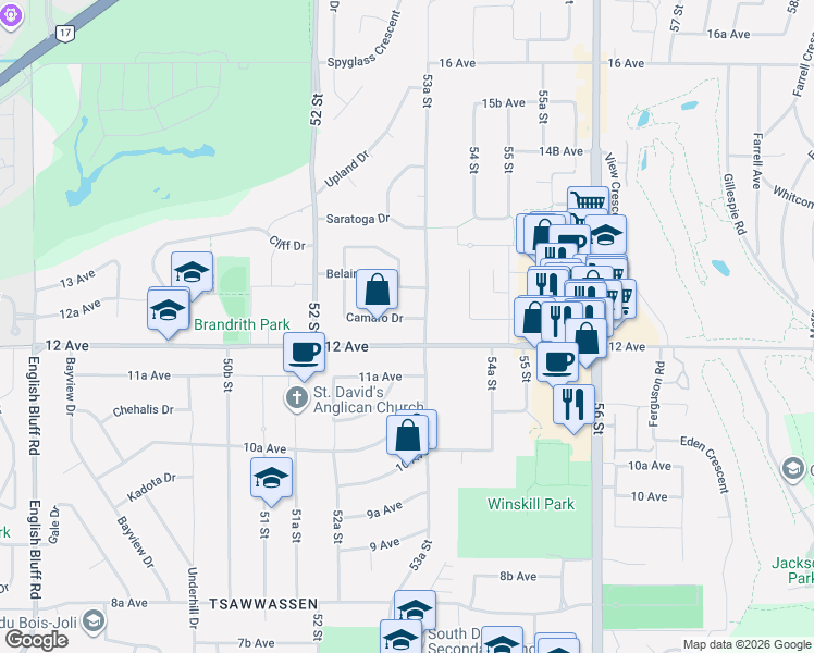 map of restaurants, bars, coffee shops, grocery stores, and more near 5334 Camaro Drive in Delta