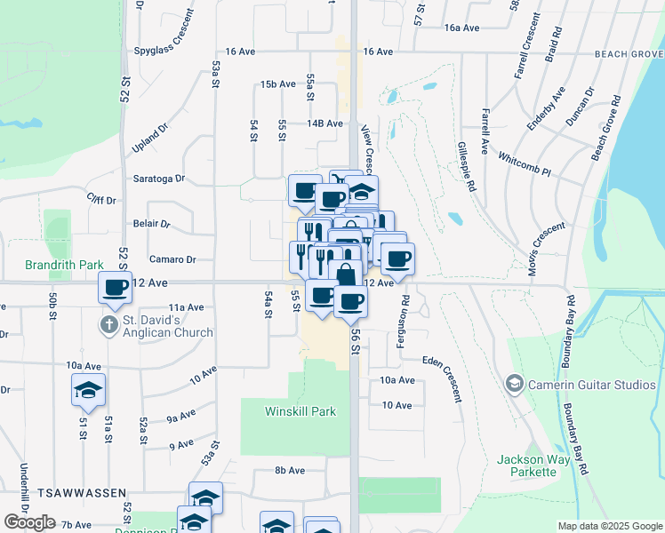 map of restaurants, bars, coffee shops, grocery stores, and more near 1189 56 Street in Delta