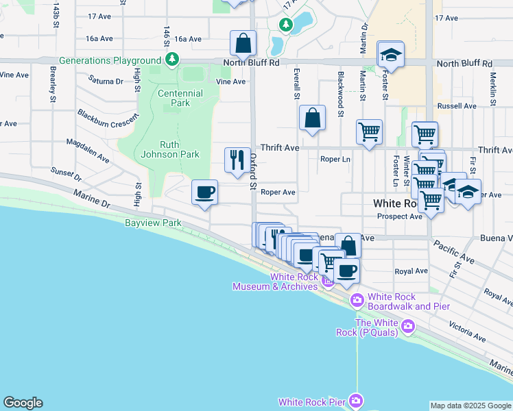 map of restaurants, bars, coffee shops, grocery stores, and more near 1246 Oxford Street in White Rock