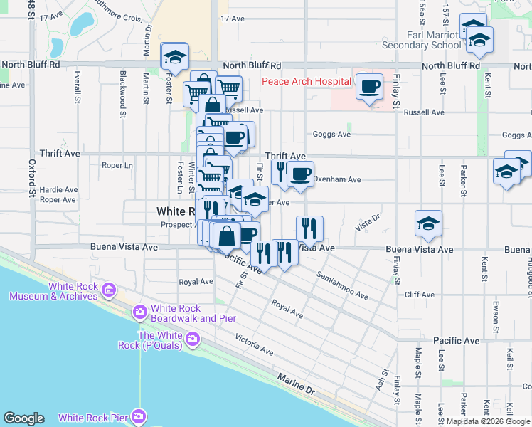 map of restaurants, bars, coffee shops, grocery stores, and more near in White Rock