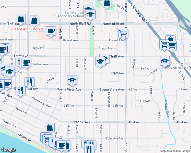 map of restaurants, bars, coffee shops, grocery stores, and more near 1243 Parker Street in White Rock