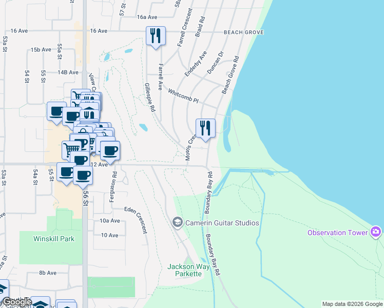 map of restaurants, bars, coffee shops, grocery stores, and more near 1220 Morris Crescent in Delta