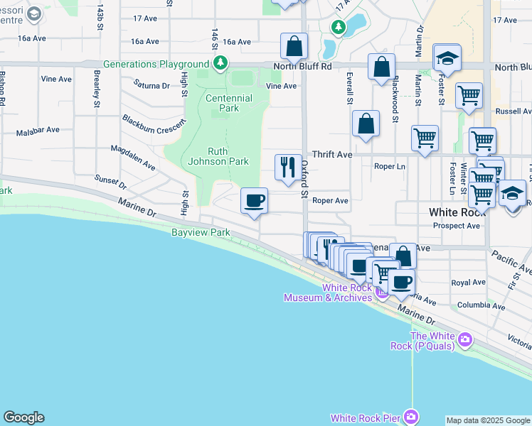 map of restaurants, bars, coffee shops, grocery stores, and more near McDonald Avenue in White Rock