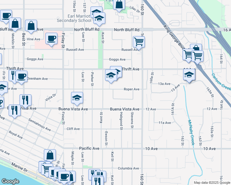 map of restaurants, bars, coffee shops, grocery stores, and more near 15825 Prospect Crescent in White Rock