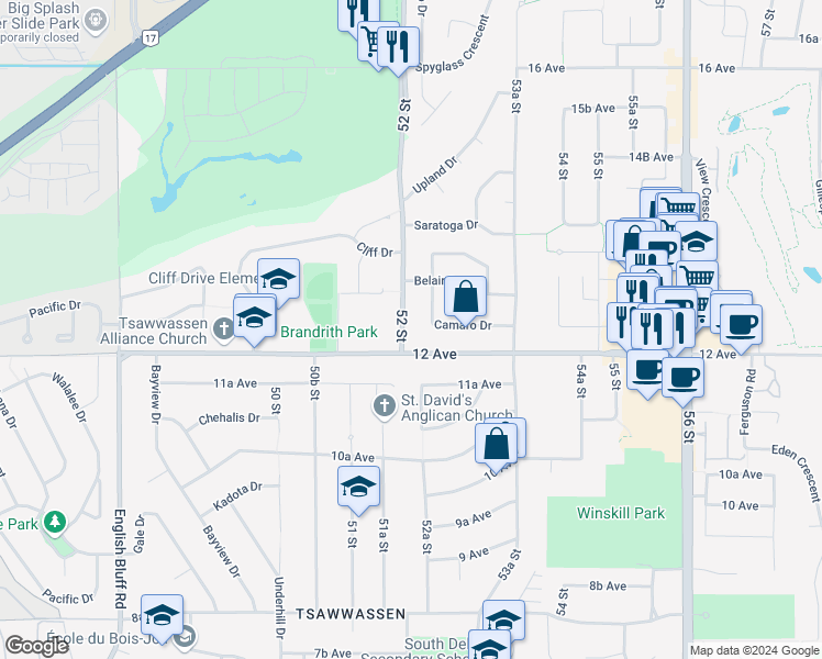 map of restaurants, bars, coffee shops, grocery stores, and more near 1236 52 Street in Delta