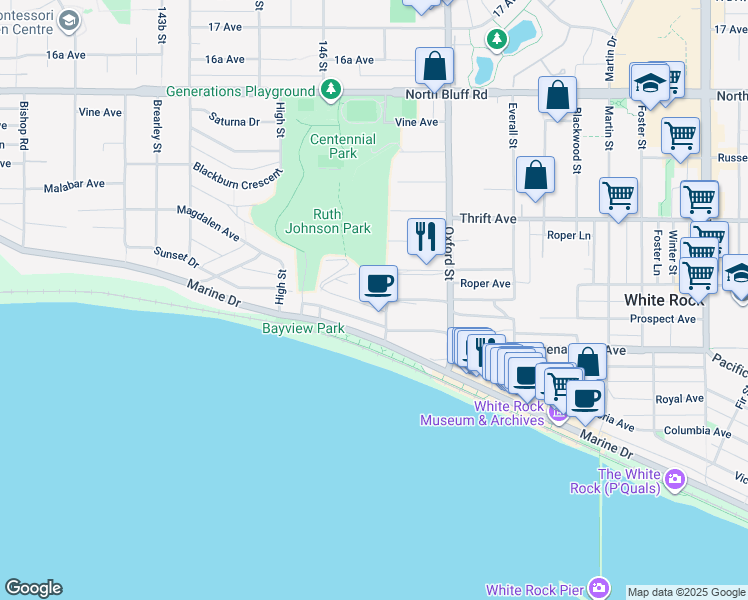 map of restaurants, bars, coffee shops, grocery stores, and more near 14683 West Beach Avenue in White Rock
