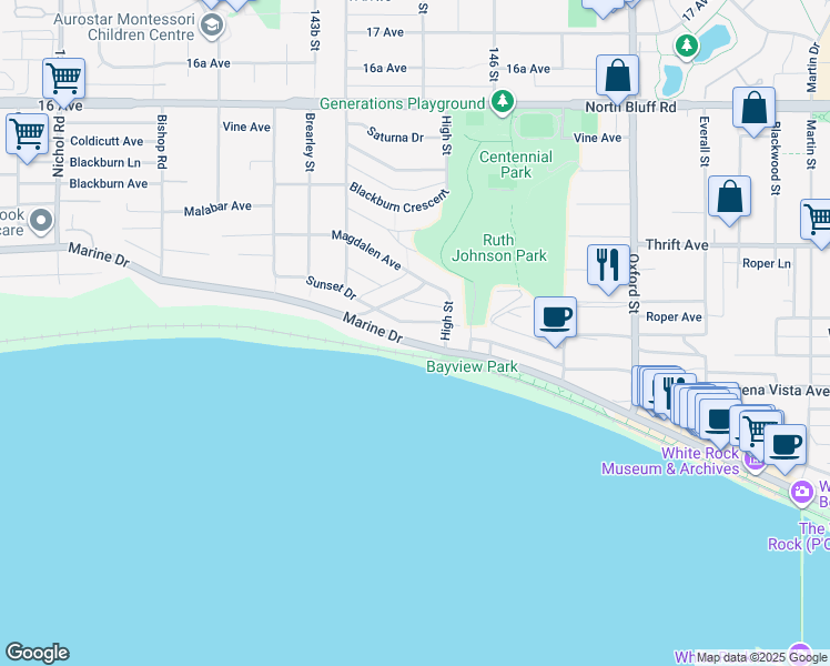 map of restaurants, bars, coffee shops, grocery stores, and more near 14495 Marine Drive in White Rock