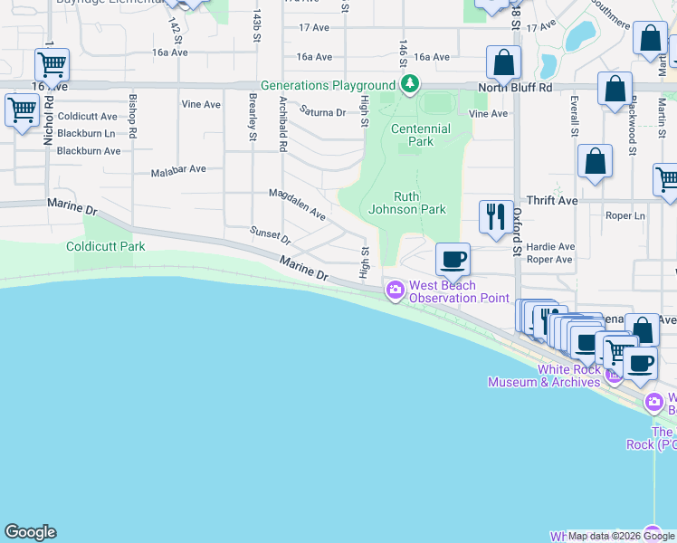 map of restaurants, bars, coffee shops, grocery stores, and more near 14495 Marine Drive in White Rock