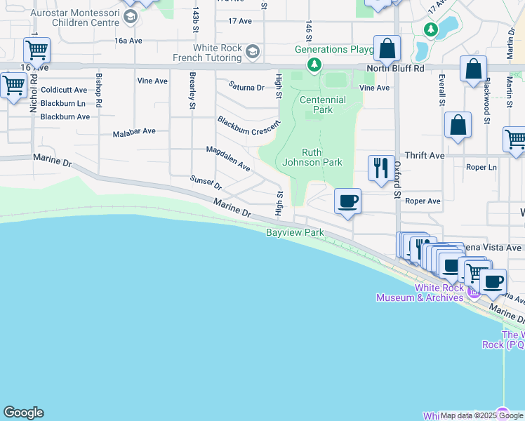 map of restaurants, bars, coffee shops, grocery stores, and more near 14501 Marine Drive in White Rock