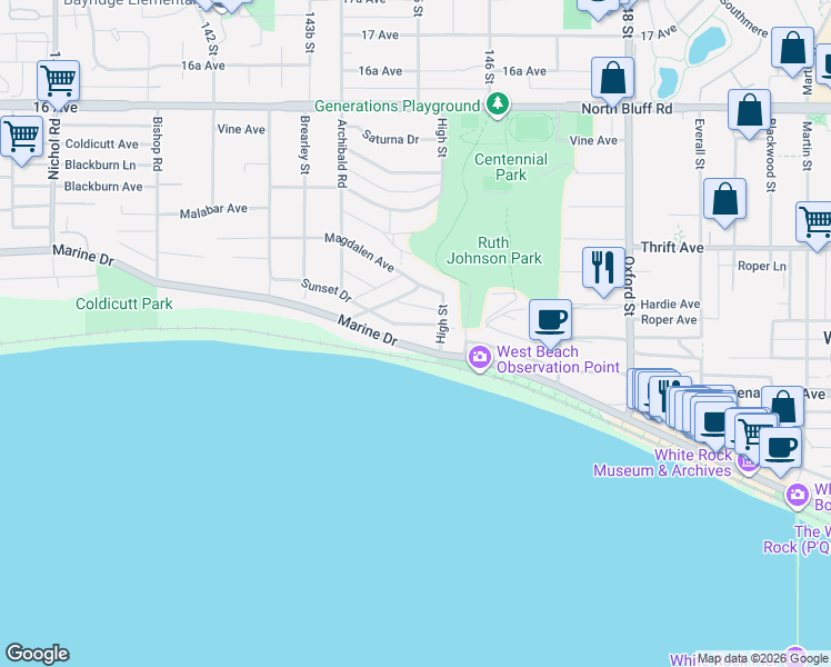 map of restaurants, bars, coffee shops, grocery stores, and more near 14501 Marine Drive in White Rock