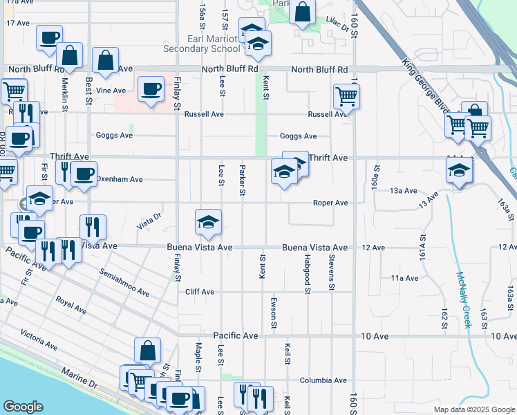 map of restaurants, bars, coffee shops, grocery stores, and more near 1295 Kent Street in White Rock