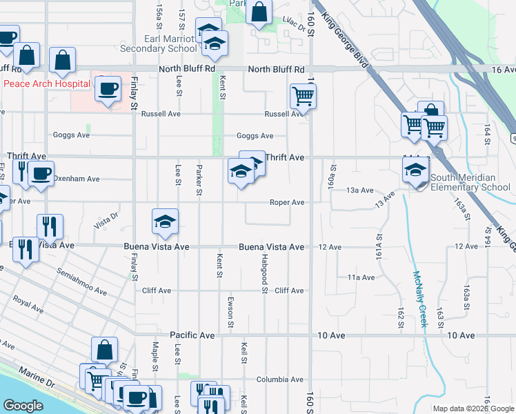 map of restaurants, bars, coffee shops, grocery stores, and more near 15876 Roper Avenue in White Rock